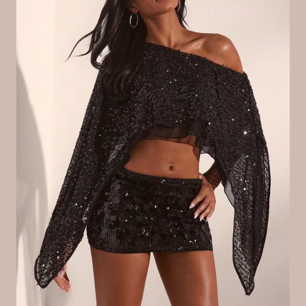 Black Sequin Asymmetric Off Shoulder Handkerchief Hem Draped Sheer Crop Top